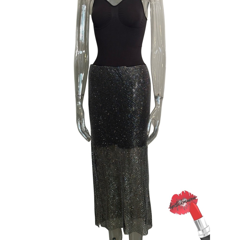Grey Lab Rhinestone Midi Skirt Womens Medium Black Crystal Bling Net Mesh
